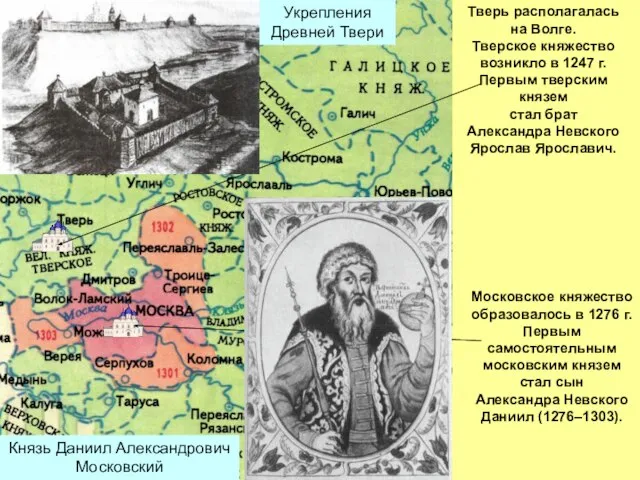 Тверь располагалась на Волге. Тверское княжество возникло в 1247 г. Первым тверским