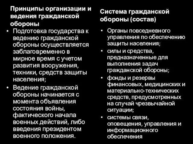 Принципы организации и ведения гражданской обороны Подготовка государства к ведению гражданской обороны