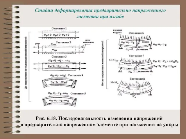 Стадии деформирования предварительно напряженного элемента при изгибе Рис. 6.18. Последовательность изменения напряжений