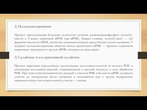 2) Полиаденилирование Процесс присоединения большого количества остатков аденозинмонофосфата (поли(А)-хвоста) к 3'-концу первичной