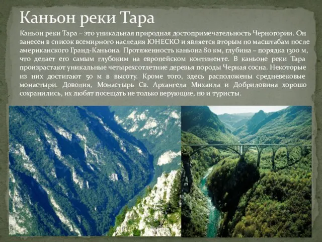 Каньон реки Тара Каньон реки Тара – это уникальная природная достопримечательность Черногории.