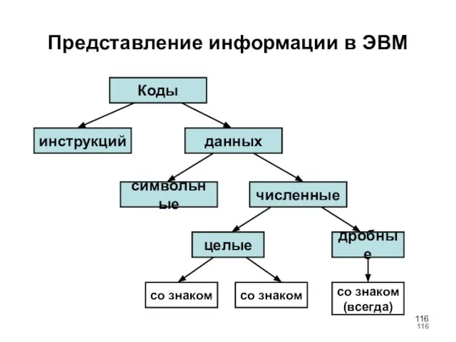 Представление информации в ЭВМ Коды инструкций данных символьные численные дробные целые со