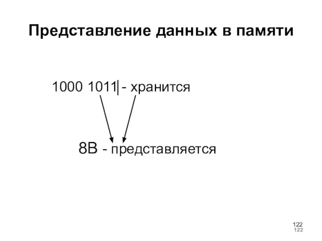 Представление данных в памяти 1000 1011 - хранится 8B - представляется