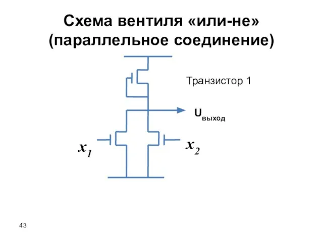 x2 x1 Схема вентиля «или-не» (параллельное соединение) Транзистор 1 Uвыход