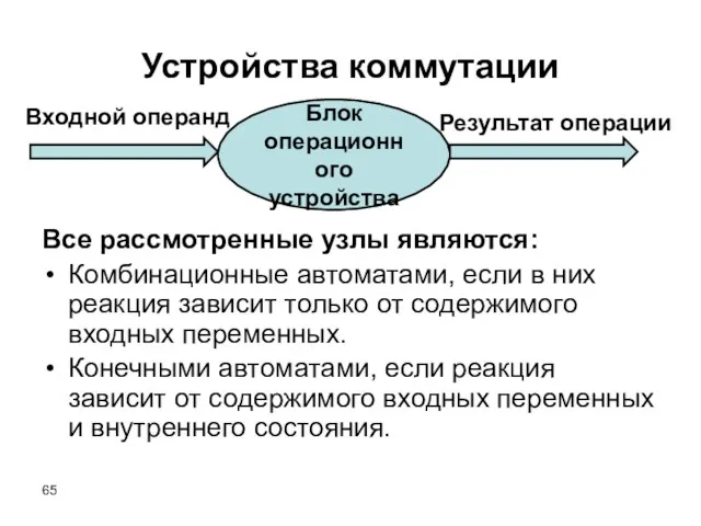 Устройства коммутации Все рассмотренные узлы являются: Комбинационные автоматами, если в них реакция