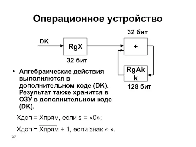 Операционное устройство Алгебраические действия выполняются в дополнительном коде (DK). Результат также хранится