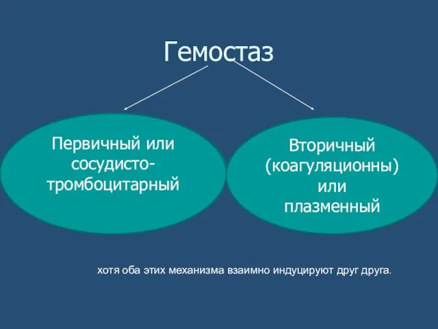 Гемостаз Первичный или сосудисто-тромбоцитарный Вторичный (коагуляционны) или плазменный хотя оба этих механизма взаимно индуцируют друг друга.