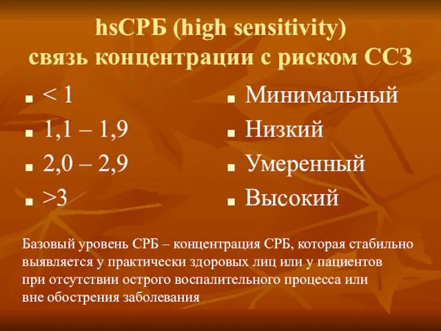 hsCРБ (high sensitivity) связь концентрации с риском ССЗ 1,1 – 1,9 2,0