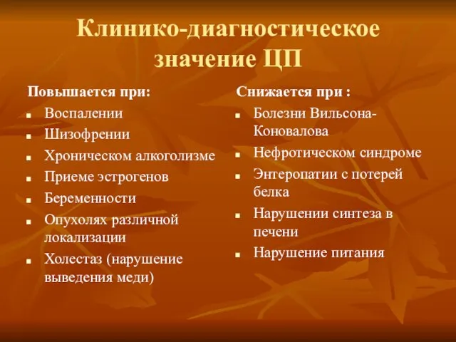 Клинико-диагностическое значение ЦП Повышается при: Воспалении Шизофрении Хроническом алкоголизме Приеме эстрогенов Беременности