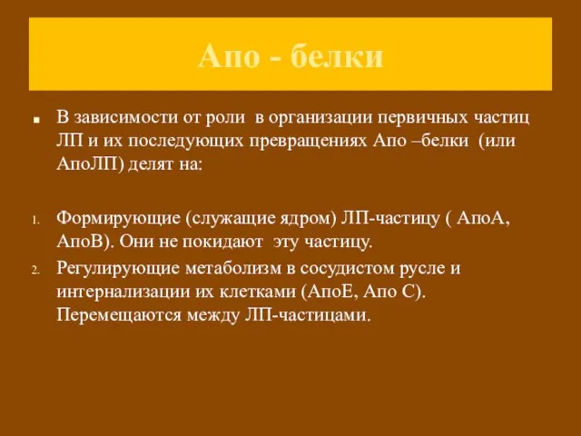 Апо - белки В зависимости от роли в организации первичных частиц ЛП