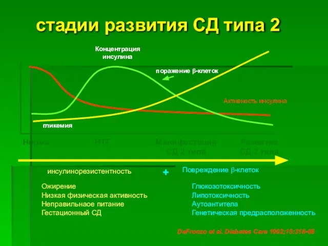 Норма DeFronzo et al. Diabetes Care 1992;15:318-68 Активность инсулина Концентрация инсулина гликемия