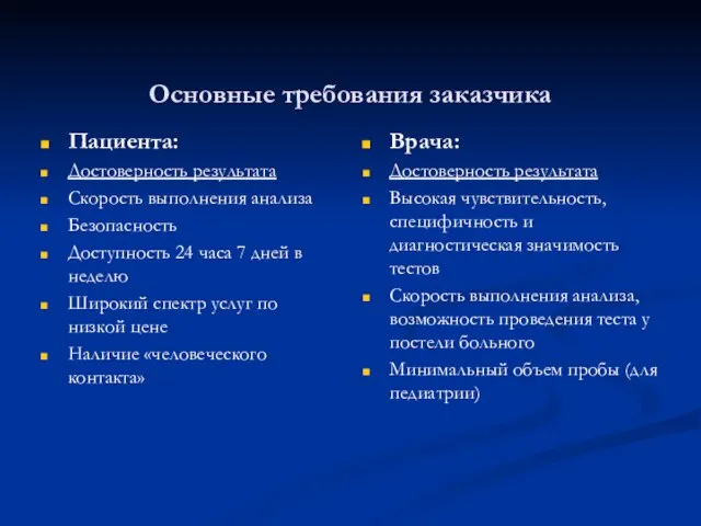 Основные требования заказчика Пациента: Достоверность результата Скорость выполнения анализа Безопасность Доступность 24