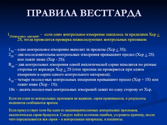 ПРАВИЛА ВЕСТГАРДА 12S(предупред. критерий) – если одно контрольное измерение оказалось за пределами