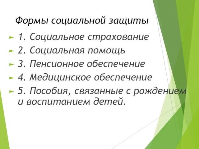 Формы социальной защиты 1. Социальное страхование 2. Социальная помощь 3. Пенсионное обеспечение