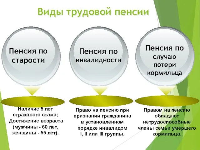 Виды трудовой пенсии Пенсия по старости Пенсия по инвалидности Пенсия по случаю