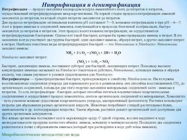 Микробиологические методы очистки воды Нитрификация и денитрификация Нитрификация — процесс окисления кислородом