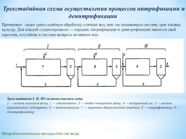 Микробиологические методы очистки воды Трехстадийная схема осуществления процессов нитрификации и денитрификации Применяют