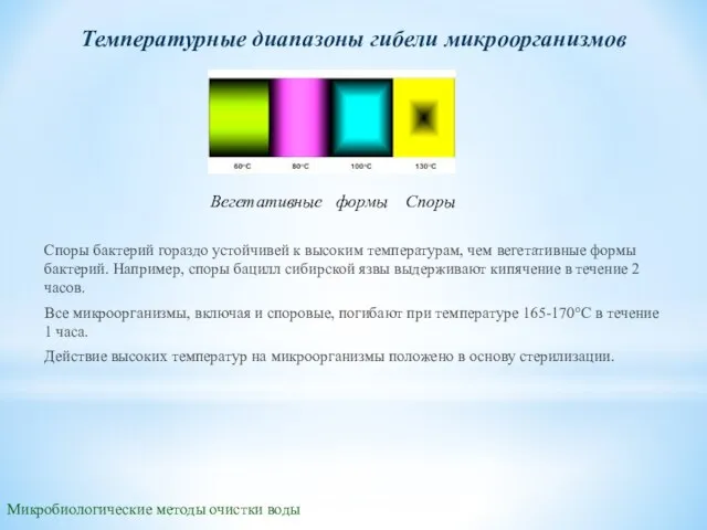 Микробиологические методы очистки воды Температурные диапазоны гибели микроорганизмов Споры бактерий гораздо устойчивей