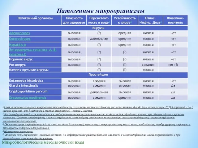 Патогенные микроорганизмы Микробиологические методы очистки воды 1 Срок, в течение которого микроорганизм