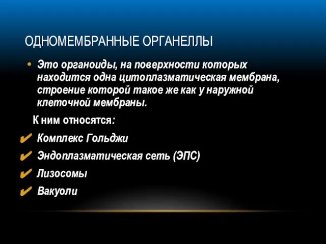 ОДНОМЕМБРАННЫЕ ОРГАНЕЛЛЫ Это органоиды, на поверхности которых находится одна цитоплазматическая мембрана, строение