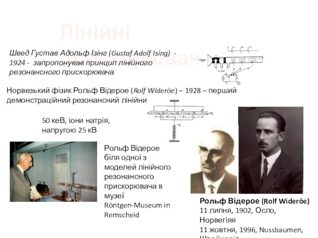 Лінійні прискорювачі Норвезький фізик Рольф Відерое (Rolf Wideröe) – 1928 – перший