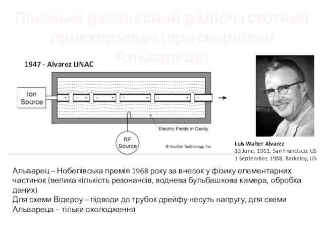 Лінійний резонасний радіочастотний прискорювач (прискорювач Альвареца) 1947 - Alvarez LINAC Альварец –