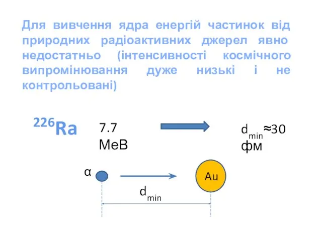 Для вивчення ядра енергій частинок від природних радіоактивних джерел явно недостатньо (інтенсивності