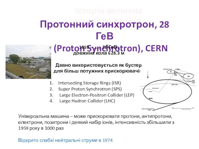 Історія великих прискорювачів Протонний синхротрон, 28 ГеВ PS (Proton Synchrotron), CERN 1959