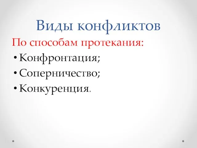 Виды конфликтов По способам протекания: Конфронтация; Соперничество; Конкуренция.