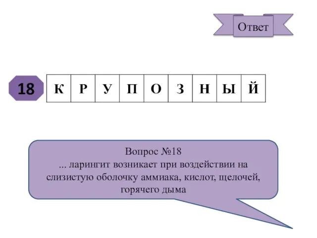 18 Вопрос №18 ... ларингит возникает при воздействии на слизистую оболочку аммиака,