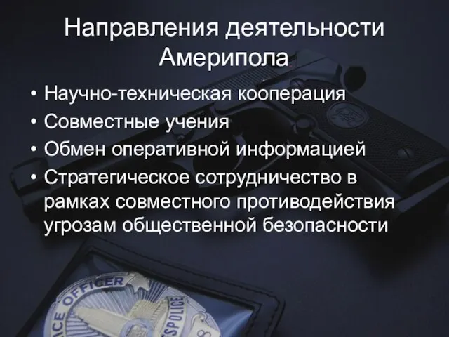 Направления деятельности Америпола Научно-техническая кооперация Совместные учения Обмен оперативной информацией Стратегическое сотрудничество