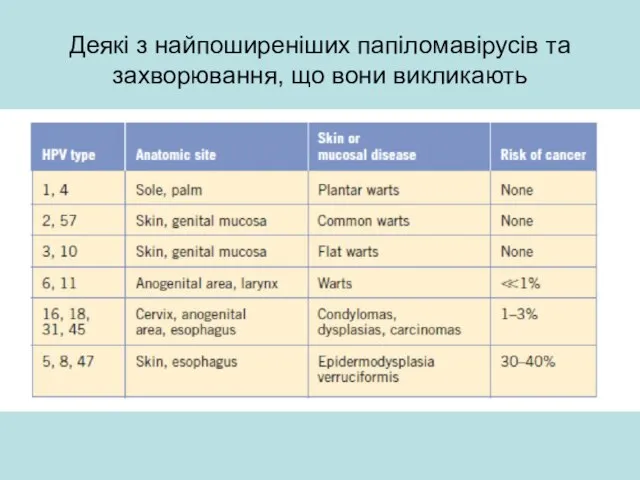 Деякі з найпоширеніших папіломавірусів та захворювання, що вони викликають