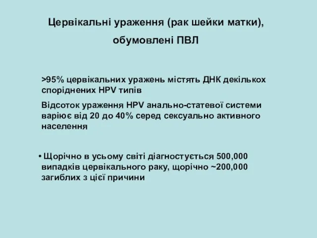 Цервікальні ураження (рак шейки матки), обумовлені ПВЛ >95% цервікальних уражень містять ДНК