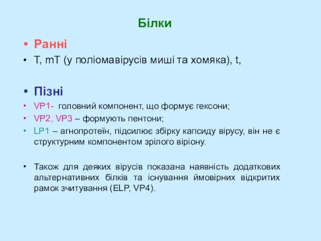 Ранні T, mT (у поліомавірусів миші та хомяка), t, Пізні VP1- головний