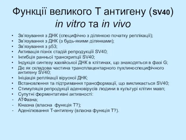 Функції великого Т антигену (SV40) in vitro та in vivo Зв’язування з