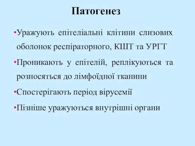 Патогенез Уражують епітеліальні клітини слизових оболонок респіраторного, КШТ та УРГТ Проникають у