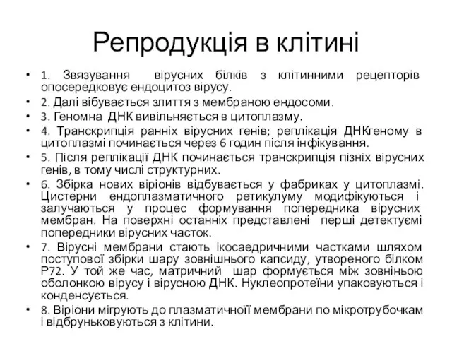 Репродукція в клітині 1. Звязування вірусних білків з клітинними рецепторів опосередковує ендоцитоз