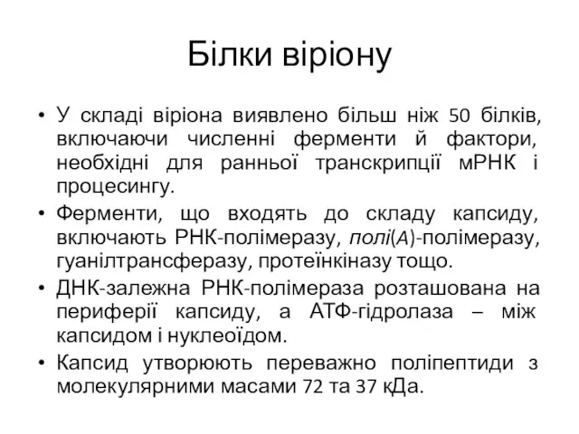 Білки віріону У складі віріона виявлено більш ніж 50 білків, включаючи численні