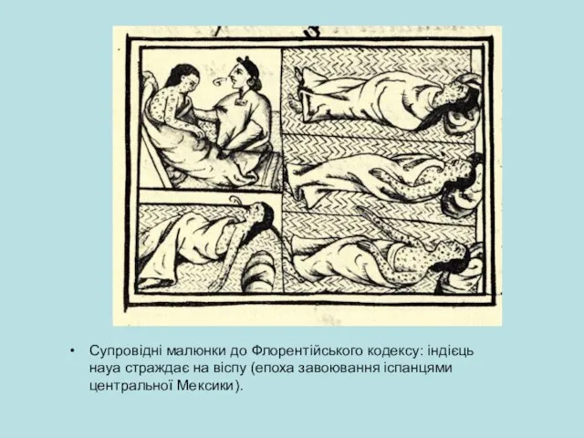 Супровідні малюнки до Флорентійського кодексу: індієць науа страждає на віспу (епоха завоювання іспанцями центральної Мексики).