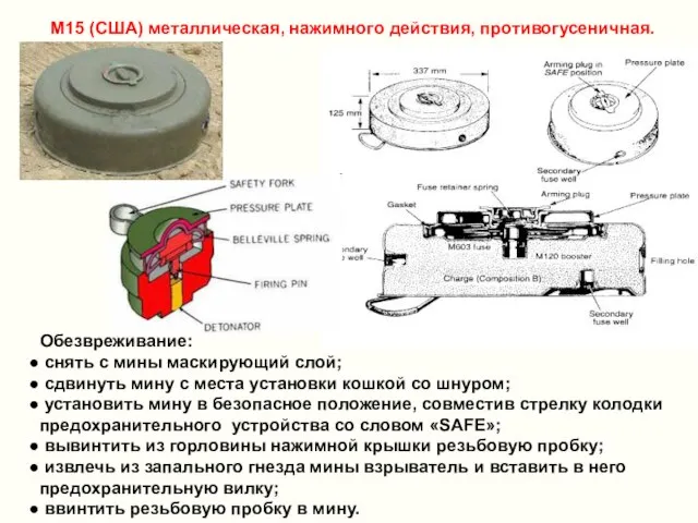 М15 (США) металлическая, нажимного действия, противогусеничная. Обезвреживание: снять с мины маскирующий слой;