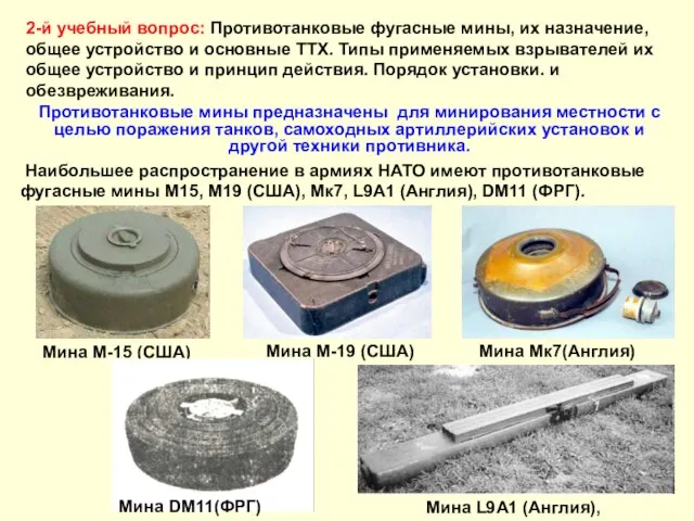 2-й учебный вопрос: Противотанковые фугасные мины, их назначение, общее устройство и основные