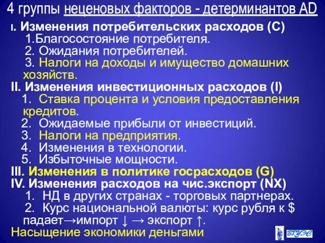 4 группы неценовых факторов - детерминантов AD I. Изменения потребительских расходов (С)