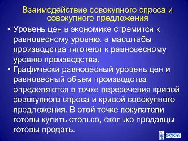 Взаимодействие совокупного спроса и совокупного предложения Уровень цен в экономике стремится к