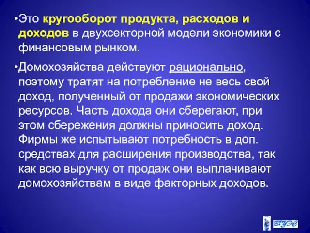 Это кругооборот продукта, расходов и доходов в двухсекторной модели экономики с финансовым