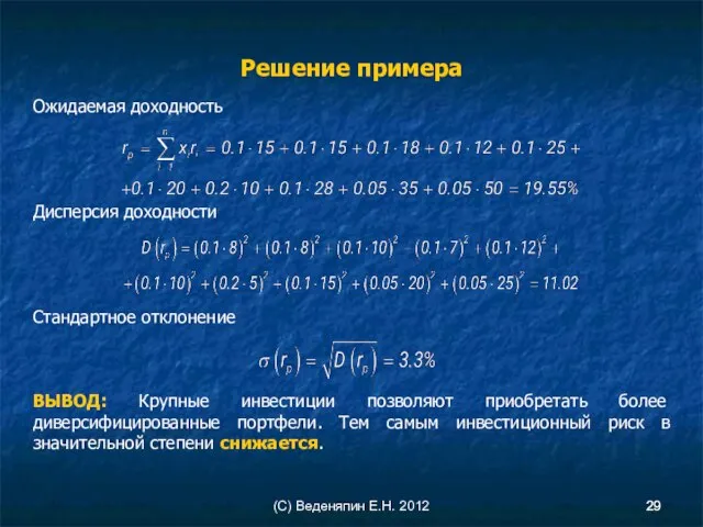 (С) Веденяпин Е.Н. 2012 Решение примера Ожидаемая доходность Дисперсия доходности Стандартное отклонение