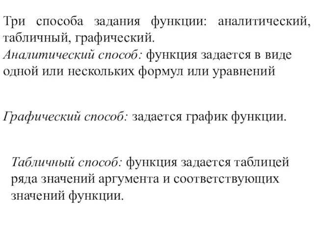 Три способа задания функции: аналитический, табличный, графический. Аналитический способ: функция задается в