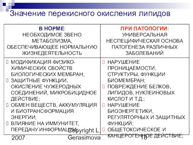 Copyright L. Gerasimova 2007 Значение перекисного окисления липидов