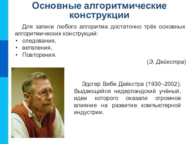 Основные алгоритмические конструкции Для записи любого алгоритма достаточно трёх основных алгоритмических конструкций: