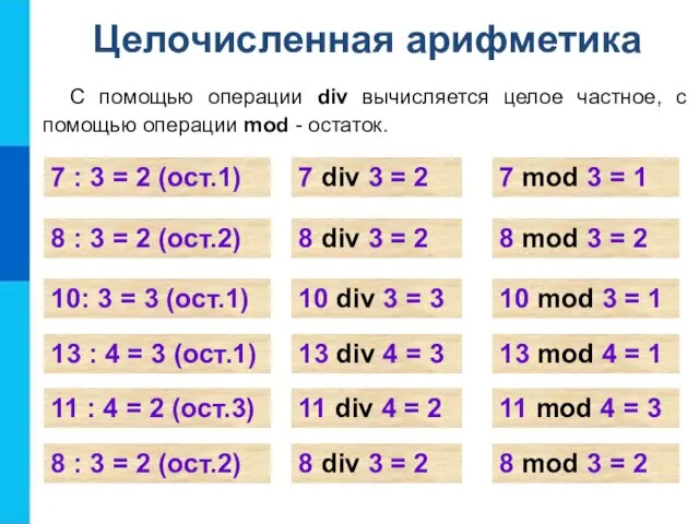 С помощью операции div вычисляется целое частное, с помощью операции mod -