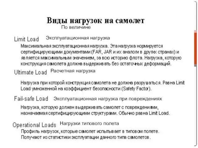 Эксплуатационная нагрузка Расчетная нагрузка Эксплуатационная нагрузка при повреждениях Нагрузки типового полета По величине